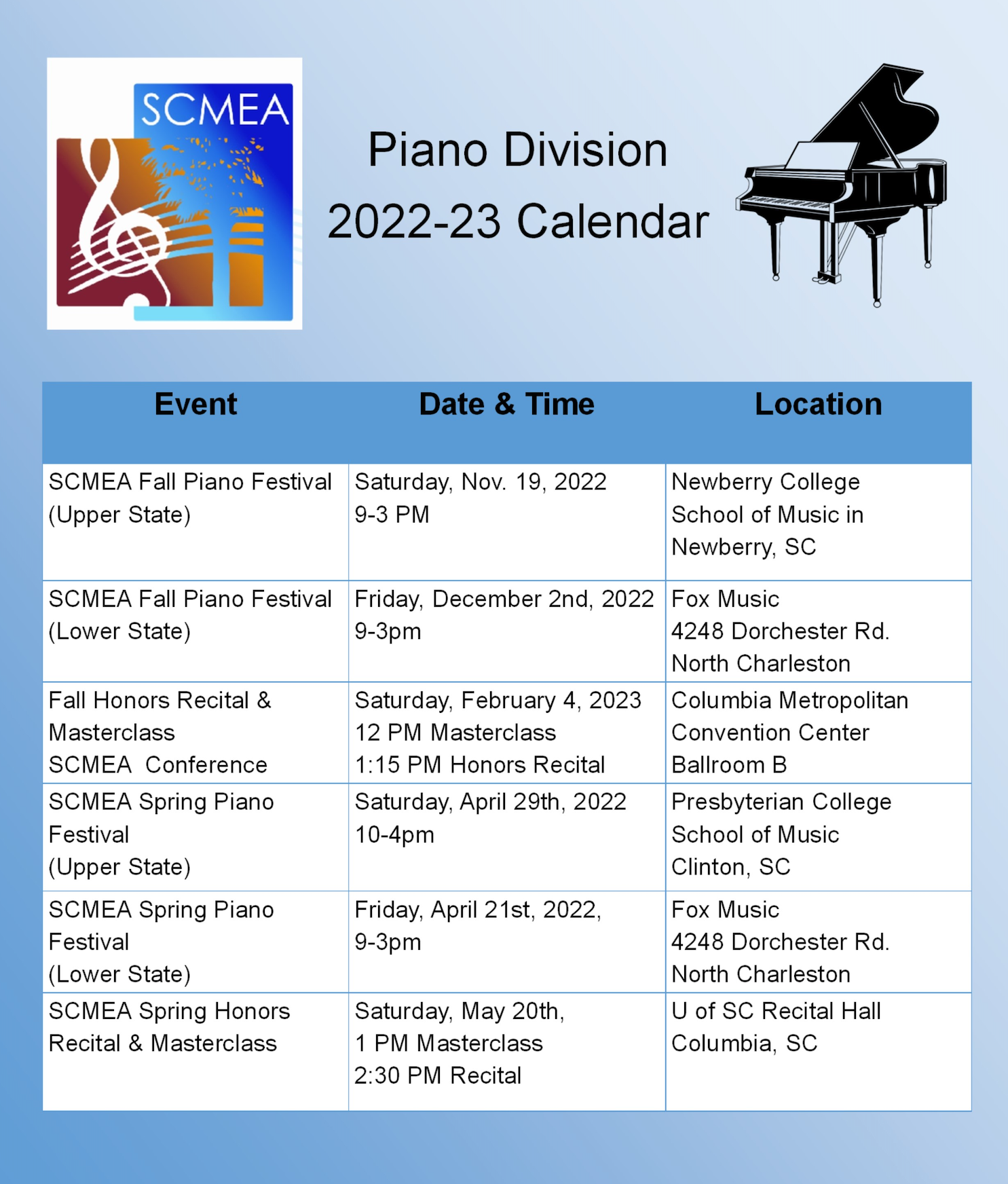 Piano Division South Carolina Music Educators Association